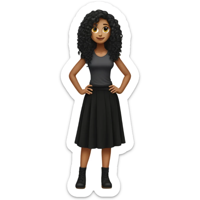 Tan girl with black long curly hair black skirt full body sticker