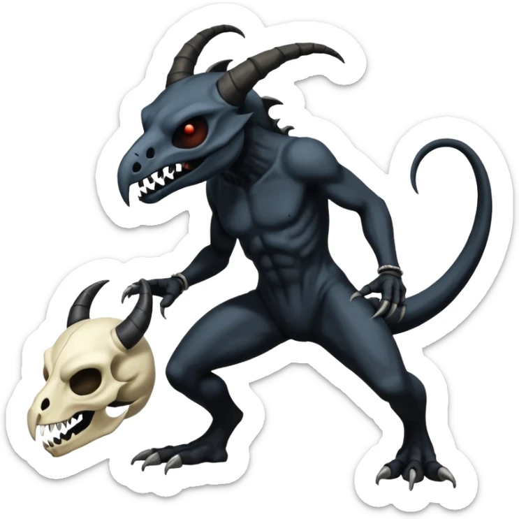 Shiny Dark Edgy  Duskull-Salandit-Inteleon-Amaura-Fakémon-hybrid-creature (full body) with a horned animal-skull-mask sticker