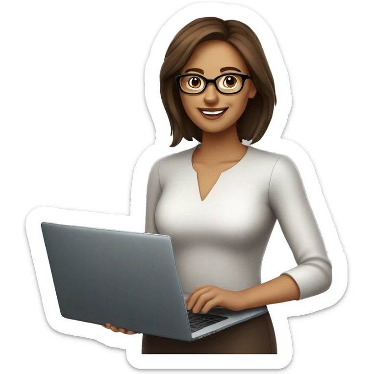 beautiful women with brown hair, glasses and laptop, boss lady, smiling and friendly sticker