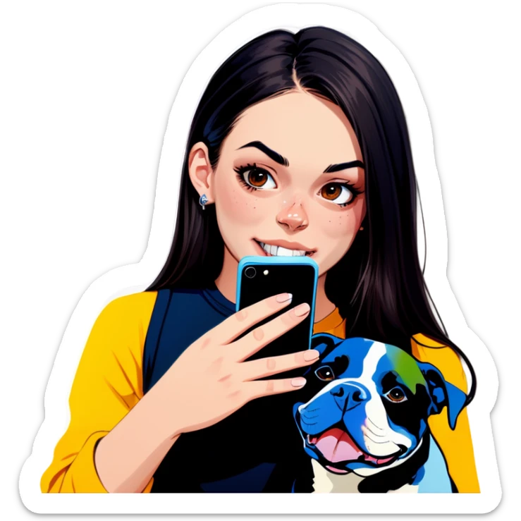 Slightly overweight beautiful girl with choppy long dark hair with her nose piercing and her black iPhone with her her pet pit bull girl with an underbite layed next to her sticker