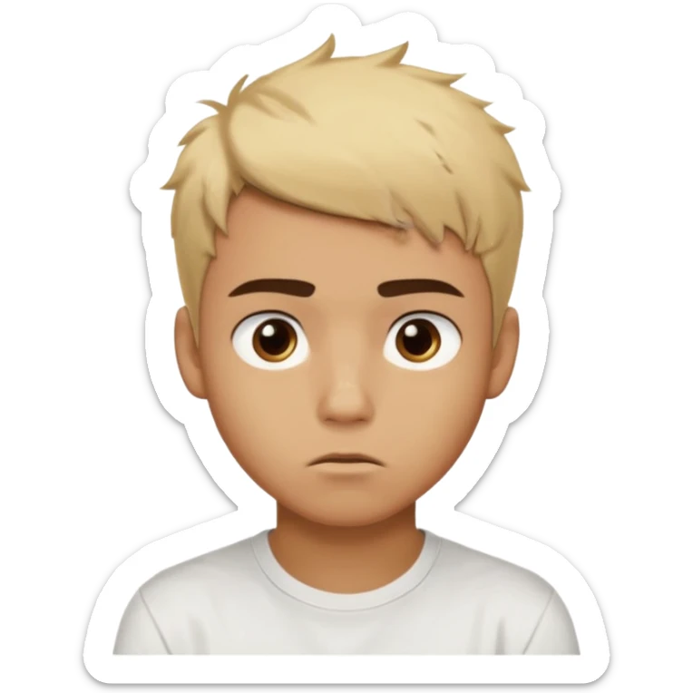 caramel skin color. Teen age. Short buzz, messy blonde hair, dark brown bushy eyebrows large expressive golden-brown eyes, brown skin color, scar over nose, wearing a plain white t-shirt. 20 year old male. thinking facial expression. caramel skin color.  sticker