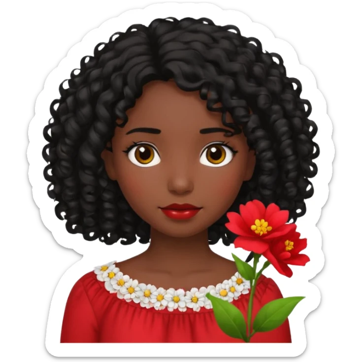 A girl with shoulder-length curly hair, dark skin, and black hair is wearing a red blouse with flowers. sticker