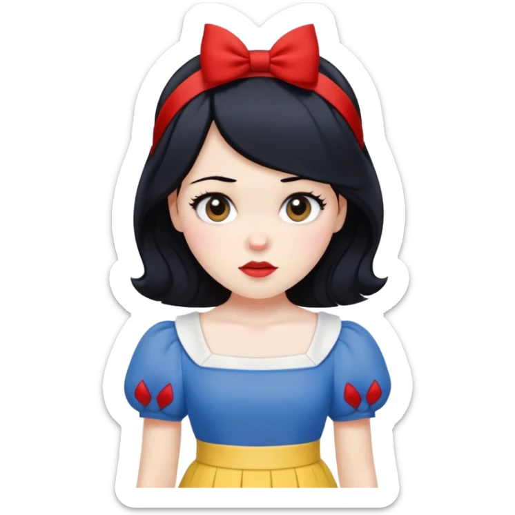 ultra simplified Snow White, blue top with yellow skirt, black hair with red headband, very minimal details, slightly zoomed out sticker