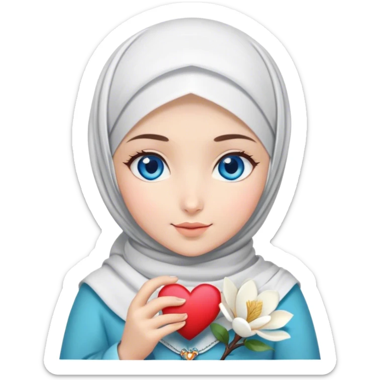 Turkish beautiful finish Konya girl blue eyes with magnolia flower design hijab and hold heart in her hand  sticker
