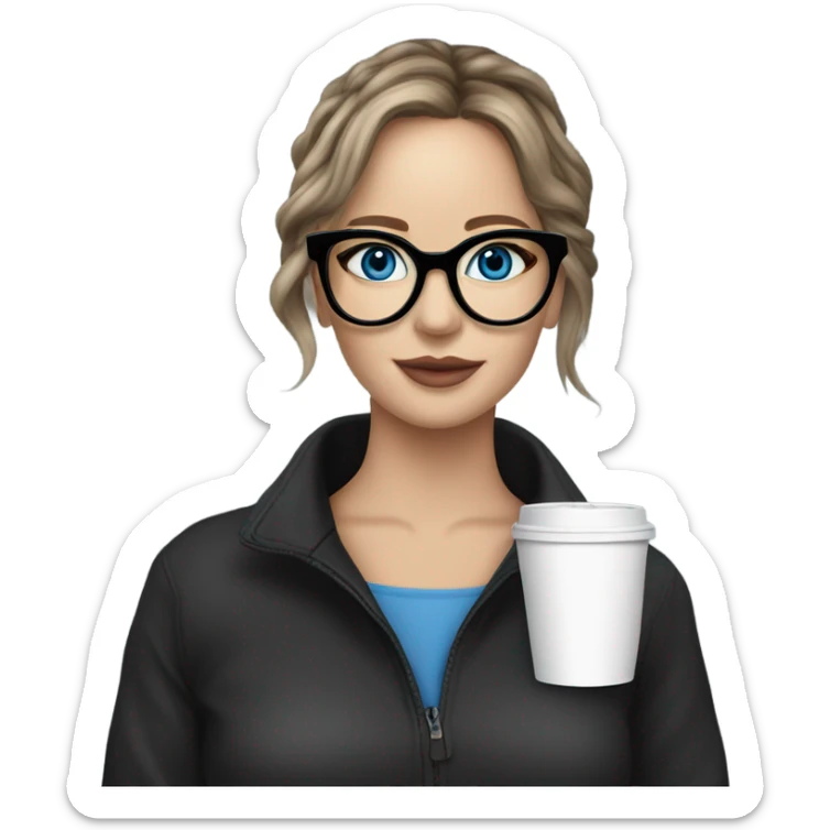 Photo of Brunette Jennifer Lawrence wearing black glasses and blue eyes drinking coffee  sticker