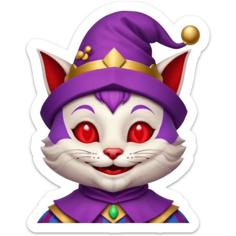 crazy colorful cute little cat jolly joker from poker, medieval, vintage, court jester, mac os icon, purple and red color, half body sticker