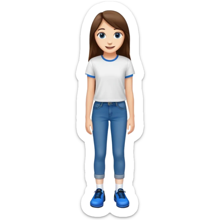 Kind of tall 16 year old smiling white girl that has long, straight brown hair wearing a white T shirt as well as tight blue jeans with brown eyes, and her wearing black socks and blue shoes sticker