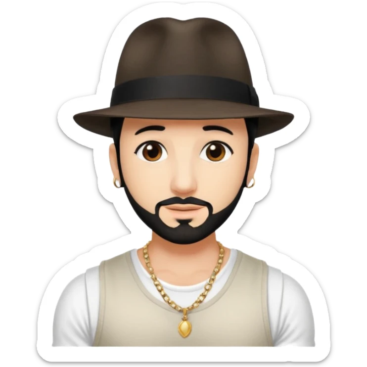 AJ McLean brown eyes, black hair, white tank top and fedora hat with necklace sticker