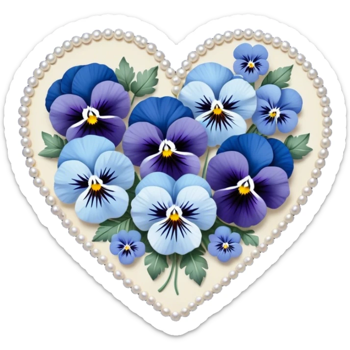 A heart-shaped floral arrangement of deep blue and pastel blue pansies, intricately designed with navy and baby blue accents, resting on a pearl satin fabric and adorned with tiny silver embellishments.
 sticker