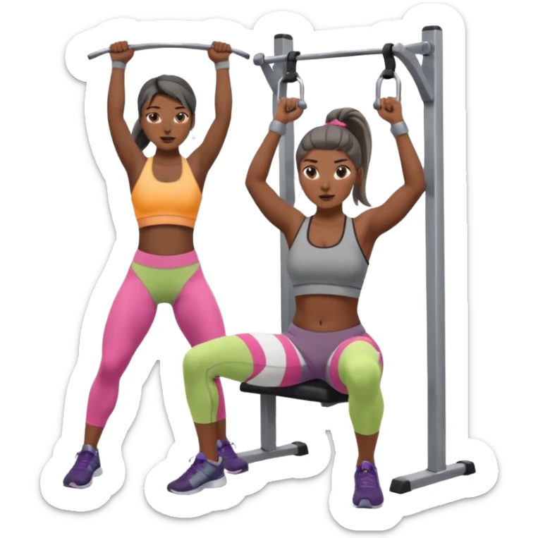 Mujer en gimnasio, peruana con coleta top corto gris y pantalón gris. Haciendo jalón al pecho  sticker