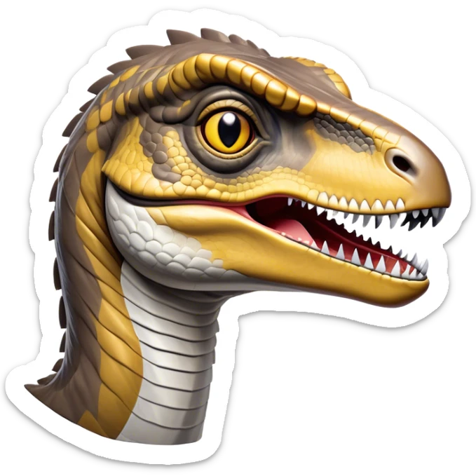 Cinematic Noble Velociraptor Portrait Emoji, Poised and agile, with a slender, streamlined build, sharp, cunning eyes, and a sleek snout hinting at predatory precision, Simplified yet sharply defined features, highly detailed, glowing with a cool, dynamic radiance, high shine, intelligent and swift, stylized with an air of agile prehistoric grace, focused and alert, soft glowing outline, capturing the essence of a watchful and confident Velociraptor that appears ready to dash out of the screen with effortless speed! sticker