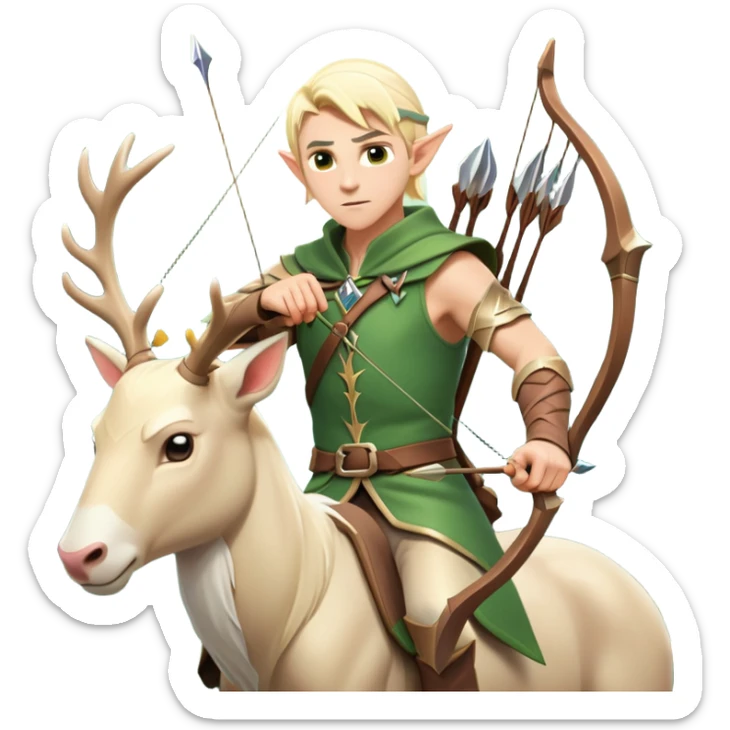 clash-of-clans-aesthetic-blond-male elf-archer-portrait-emoji, rendered in a flat, vector-style with minimal shading and bold holding his bow, simplified shapes, head tilted slightly forward with a determined, focused expression, riding a majestic white stag whose antlers glow with mystical energy, set against an ancient, enchanted forest backdrop. sticker