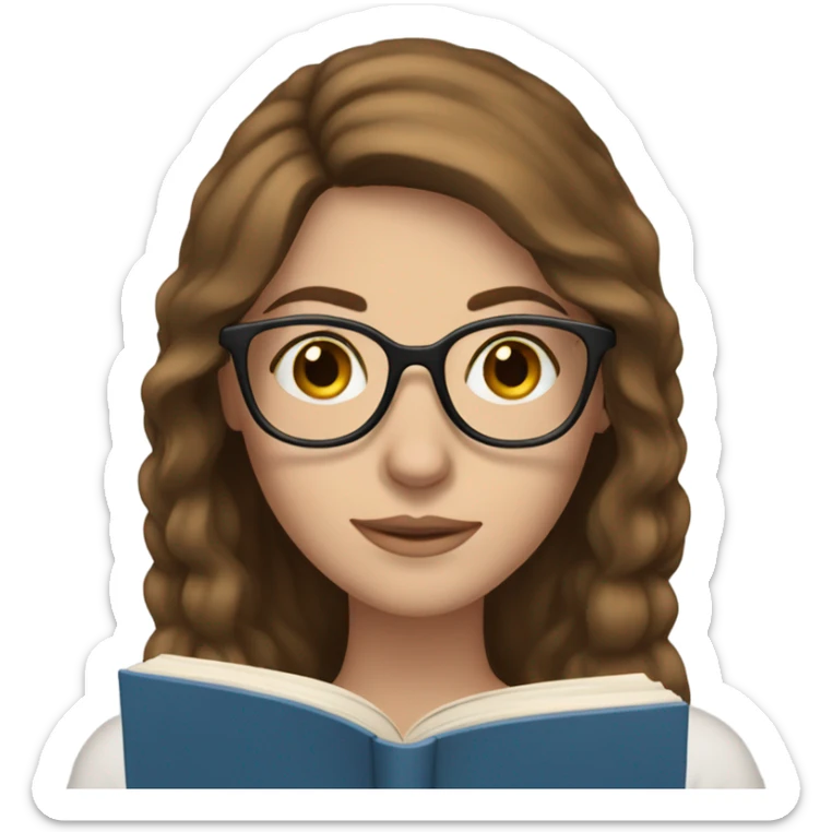 White woman with glasses, long brown hair and blue eyes reading a book sticker