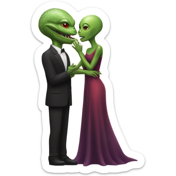 White man in black dress hugs and kissing Alien reptilian woman in red dress  sticker