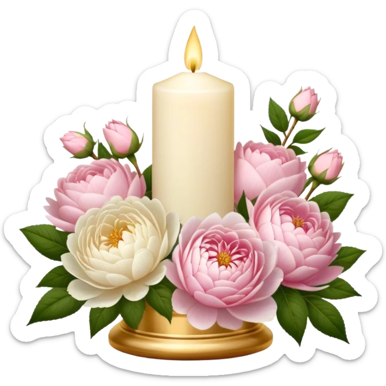 An elegant ivory candle in a golden holder, surrounded by a lush bouquet of soft pink roses, white peonies, and blush dahlias, flickering gently in the dim candlelight. sticker