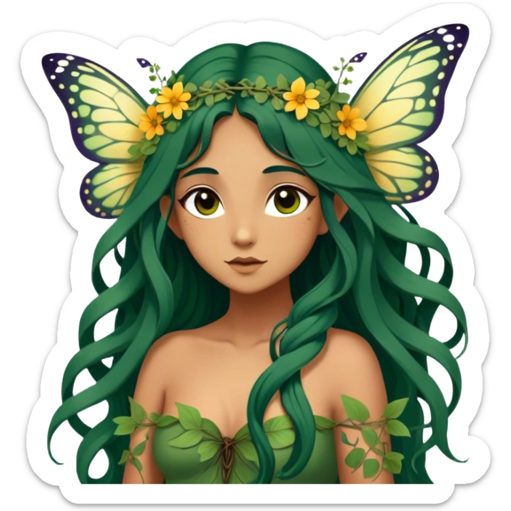 Cinematic Realistic Forest Nymph Fairy Portrait, depicted with lifelike, sun-kissed tanned skin that radiates an earthy glow, softly illuminated by natural, dappled light. Her long, flowing dark green hair is intricately detailed and interwoven with delicate vines and wildflowers, while her deep, soulful eyes mirror the wisdom of the forest. Dressed in an attire inspired by nature’s palette—with subtle botanical motifs—the portrait exudes a soft, enchanted glow that melds realism with woodland magic showing her large butterfly wings from her back. sticker