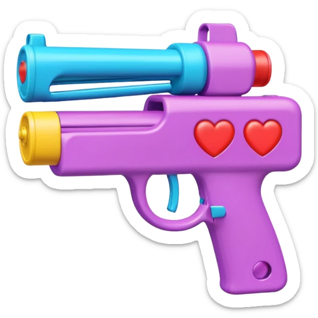 3D bubble gun in a boxy streetwear toy gun style, shooting heart emojis, colorful, simple emoji style, cute, sticker