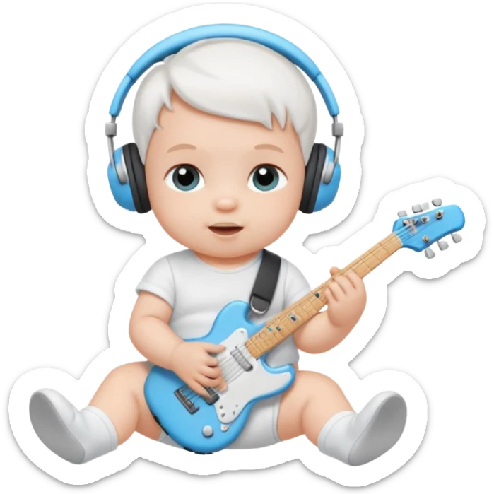 a cute baby in a white diaper and air pod maxes playing a baby blue electric guitar sticker