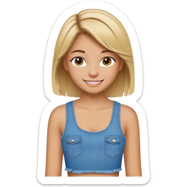 preppy teen girl, tan, blonde highlights, brown hair, long eyelashes, beach aesthetic, wearing cute clothes, sexy, wearing ripped blue jeans with a crop top sticker