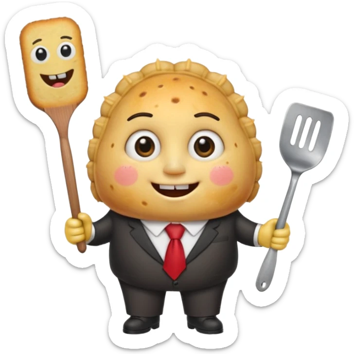cute empanada emoji, golden brown with crimped edge, big sparkling eyes, two square teeth, blushing cheeks + freckles, red tie, holding spatula, short chubby arms and legs, thick black outline, SpongeBob + Adventure Time style, transparent background sticker