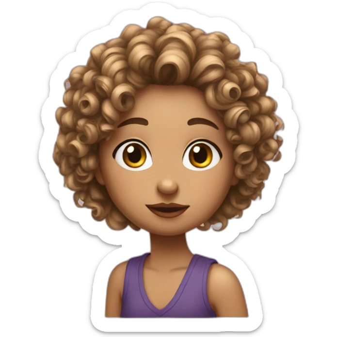 girl with curly wolfcut, silly nose, eyes alittle small, pretty cool, swag sticker