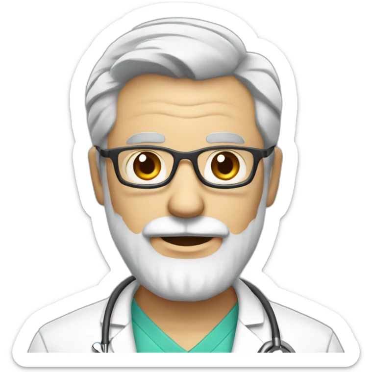 DOCTOR WITH WRINKLES, MAN, FULL GREY BEARD, GREY AND WHITE SHORT HAIR, RED GLASSES, holding a protein sticker