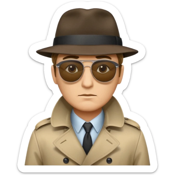 spy wearing sunglasses, a fedora and trench coat.  He is looking menacingly ahead.  sticker