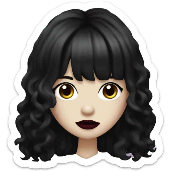 one woman long black wavy hair, curtain bangs, goth girl, white skin, burgundy lips, black eyes sticker