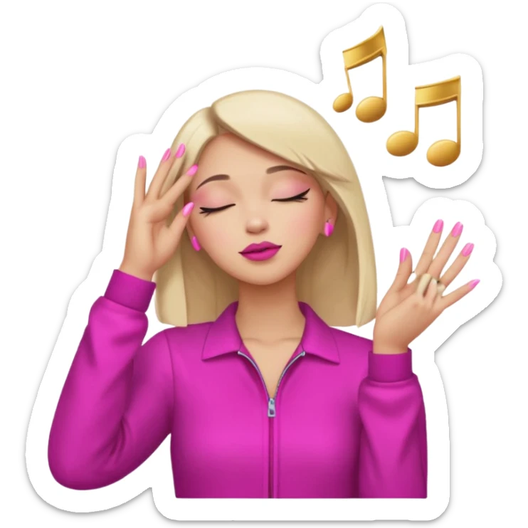 Yellow circle emoji sighing and drumming fingers up the side of their head the eye is closed it is a side profile pink lipstick and pink nails sticker