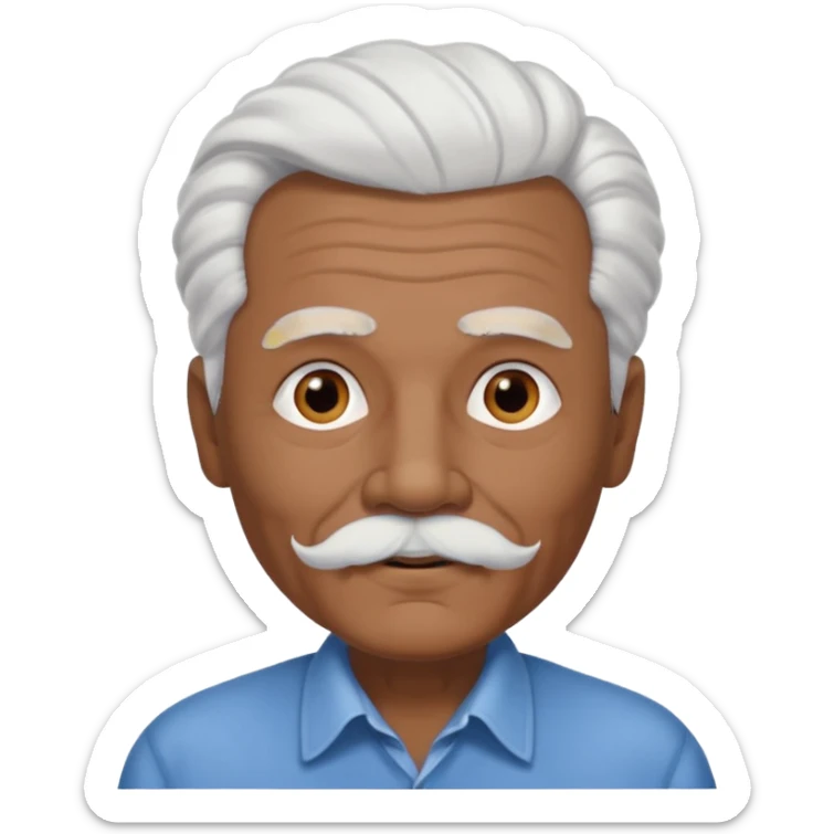 
An elderly man emoji with medium-dark skin tone, full white hair styled in thick, swept-back waves, thick white eyebrows, and a neatly groomed small white mustache. His face is clean-shaven aside from the mustache, giving him a tidy and classic look. sticker