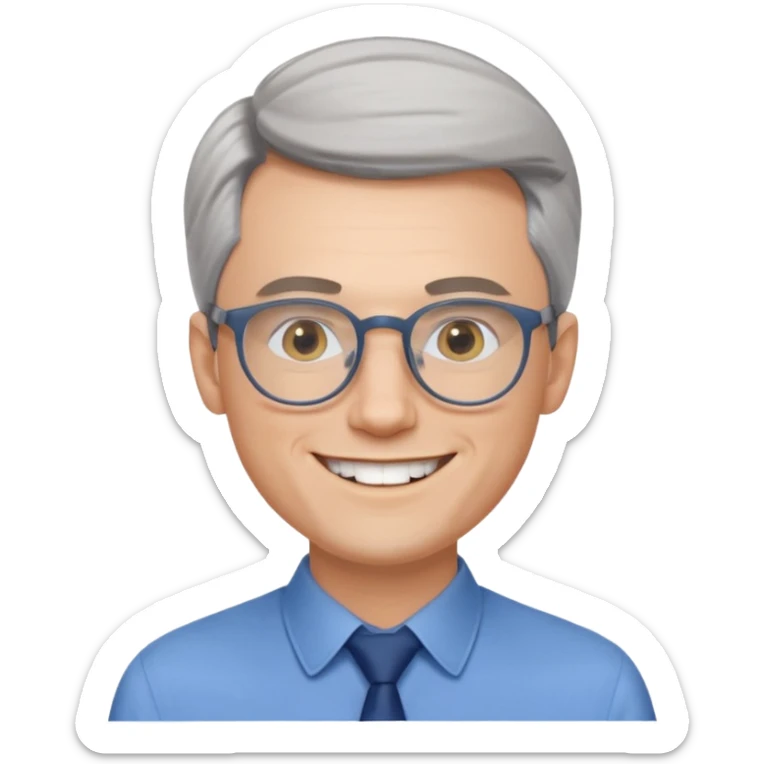 30 yr old pale white man, grey side swept hair, round glasses, big smile, white teeth, handsome, longer hair, thin glasses, blue dress shirt, no tie, stylish hair sticker