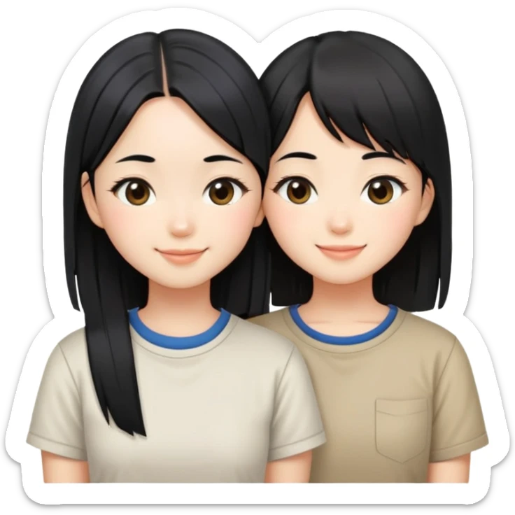 Two cute Japanese girls with straight black hair wearing modern Western clothes like t-shirts, faces pressed together cheek to cheek, smiling happily sticker