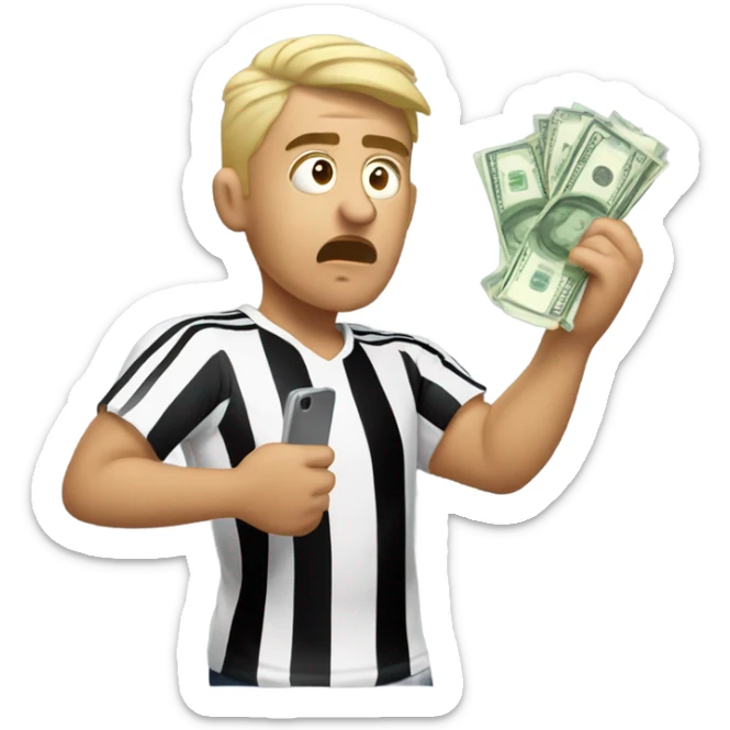 dramatic fair skin soccer fan looking at his phone in his hand with money in his hand he is about to lose sticker