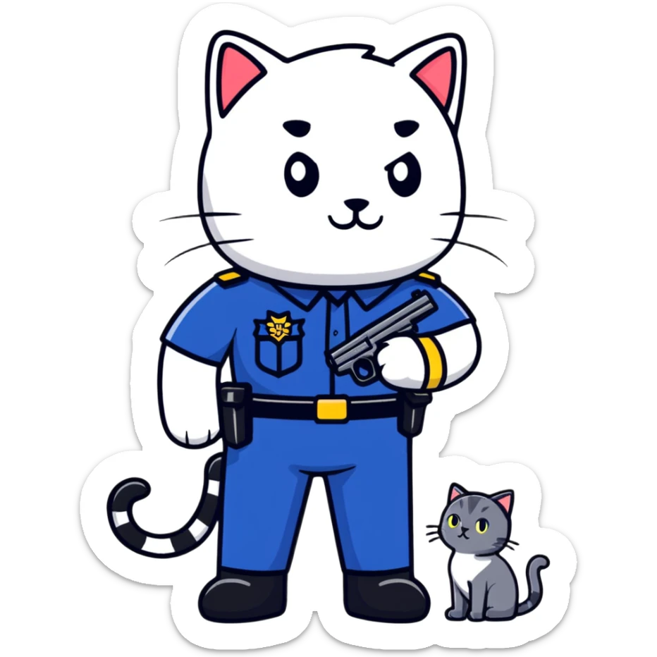 a police officer standing next to a mischievous cat holding a toy gun sticker