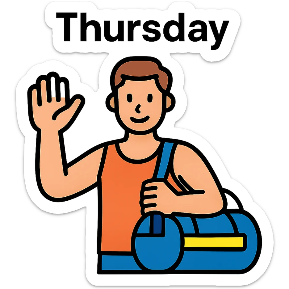 a sportsman holding his gymbag waving his hand goodbye. The word Thursday is above the sportsman sticker