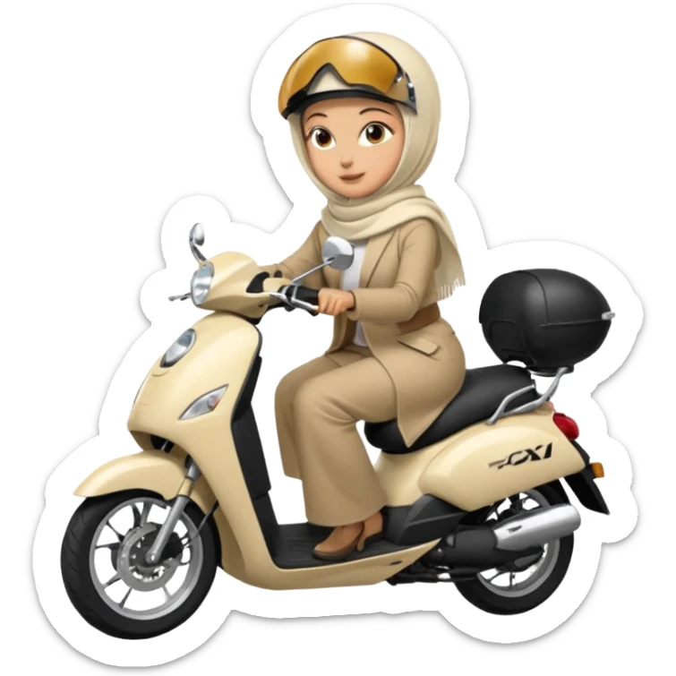 A woman wearing a cream colored pashmina hijab riding a motorbike pcx sticker