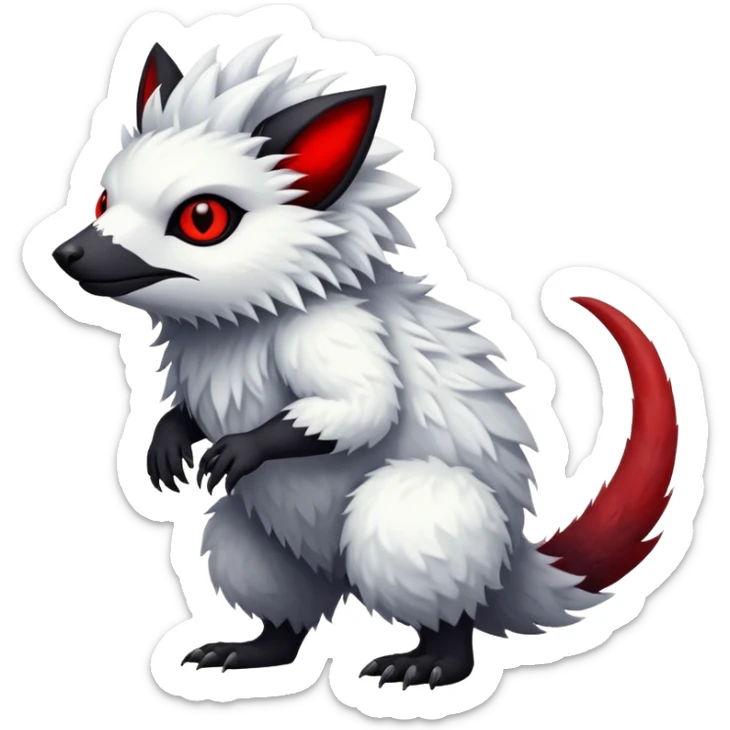 a white exotic edgy vernid-fionbr-Fakémon-creature, with black belly and red eyes, full body sticker