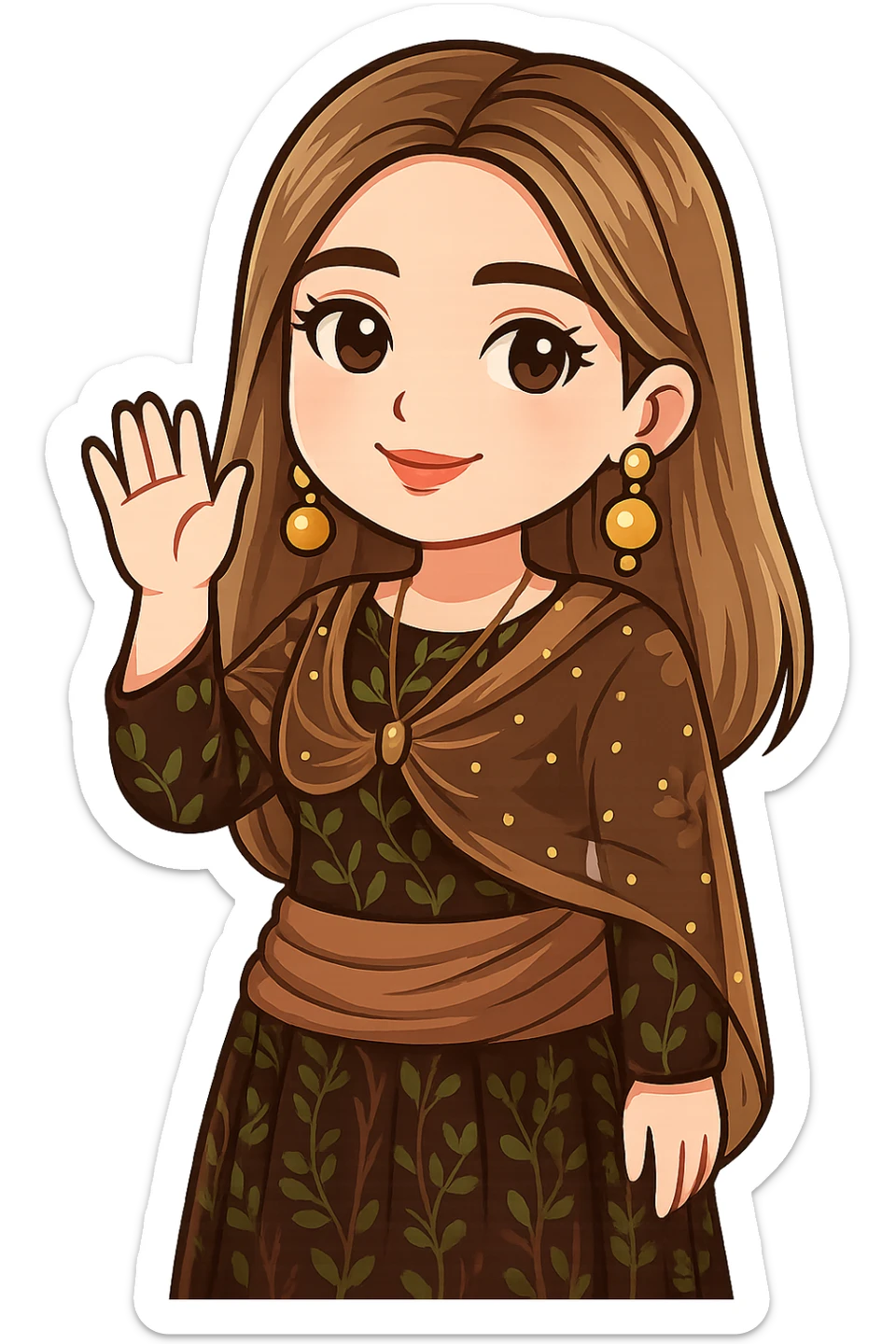 Kurdish cartoon sticker of the same woman in the new dress, waving hand for goodbye, gentle smile, no text, transparent background sticker