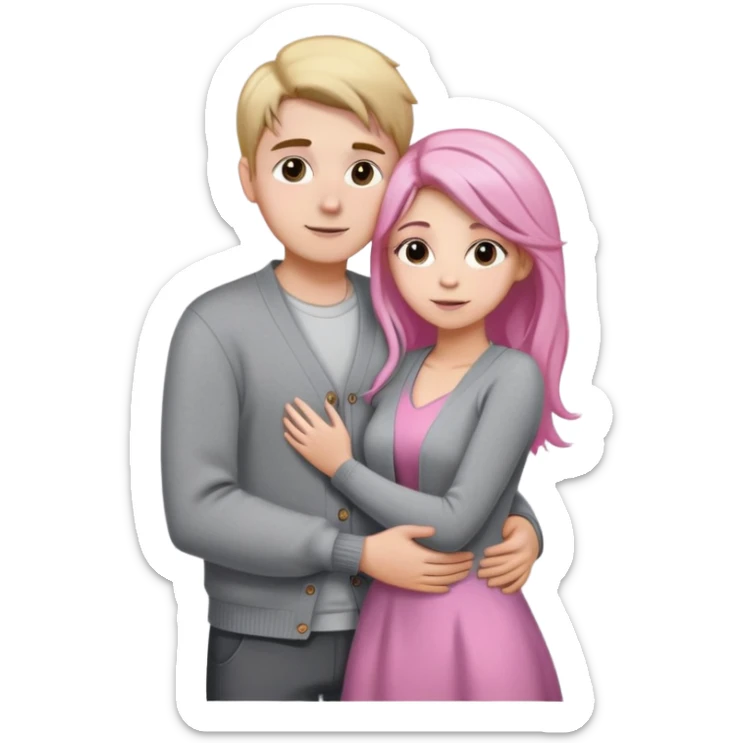 white guy brown haired in gray cardigan with blonde girl with dyed pink hair tips in shiny gray dress stand hugging in photo sticker
