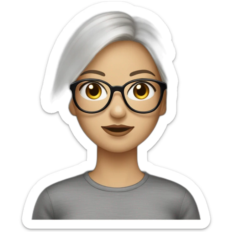 une fille avec de long cheveux noir lisse, la peau blanche ,et avec des lunette (en forme de carrer un peu déformé) assez grosse comparer a ça tête , portant un pull noir sticker