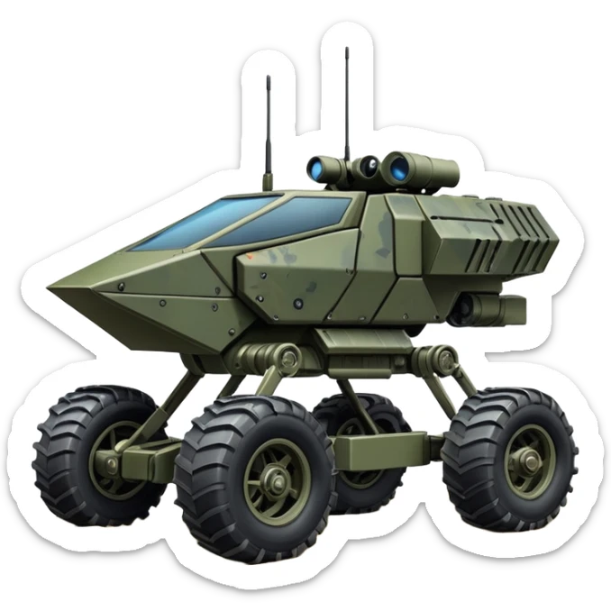a roomy American 4-wheel armored personnel stealth camouflage army massive mech trail vehicle shooting forward side-hill leaning actively articulating independent suspended pod gimbal enemy mech off-road racing rover with large fast engine RC basher megatron  sticker