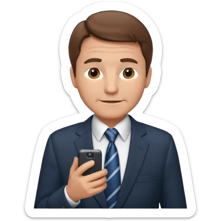Un hombre  mayor con leve sonrisa de traje con tez clara pelo color castaño, vestido con traje camisa y corbata y celular en mano .  sticker