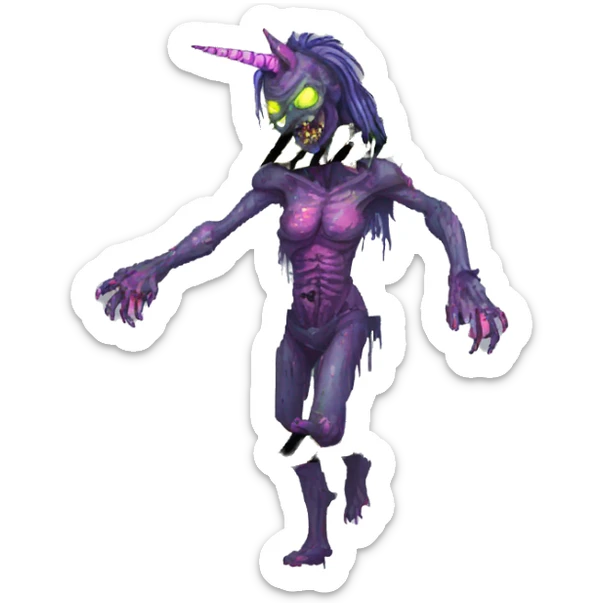 Pixel art of Zombie Vaporwave black holographic oilslick zombie unicorn yellow caution tape sticker