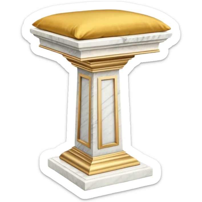 Beautiful precious tall Greek White marble pedestal with a gold cushion laying on top of it sticker
