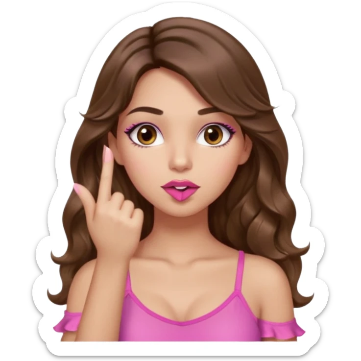girl with long wavy brown hair, brown eyes, light to medium complexion, in a pink sexy top, pink lips, long lashes, silent motion with the hand one finger up by the mouth sticker