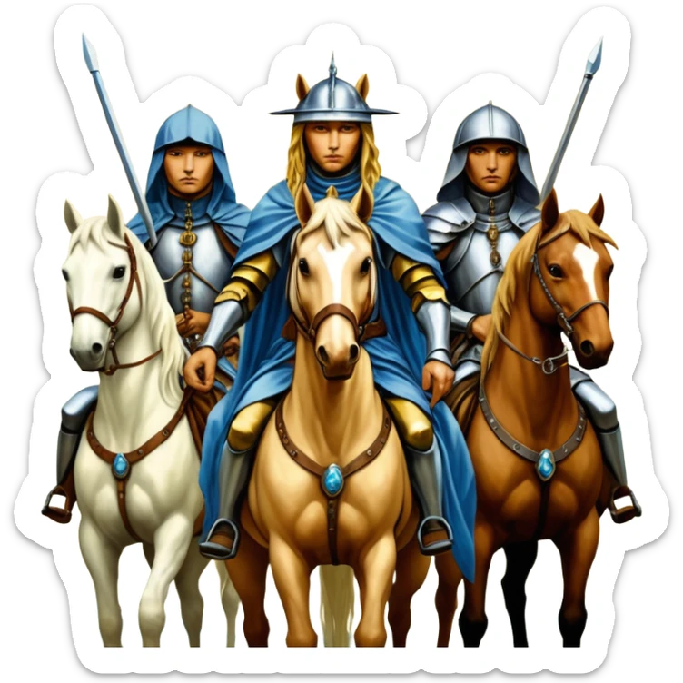 solarpunk HD, mysterios style, oil paint - The Four Horsemen of the Apocalypse, based on a graphic by Albrecht Dürer sticker