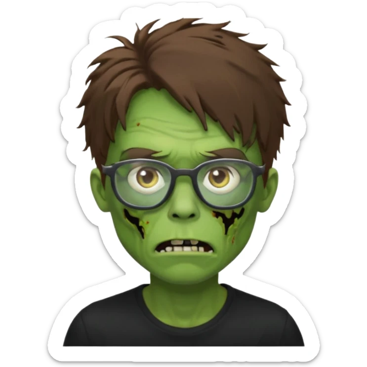 Green zombie, brown messy hair covering the forehead, black glasses, black shirt. iOS style. sticker