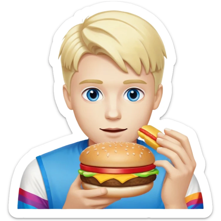 Young blonde man with white skin and blue eyes from LGBT community eating McDonald's hamburger, pride flag colors sticker