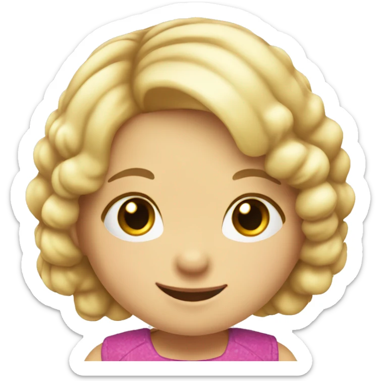 Emoji of a small white girl, 5 years old, with light hair. She has a cheerful expression and is wearing a colorful dress sticker