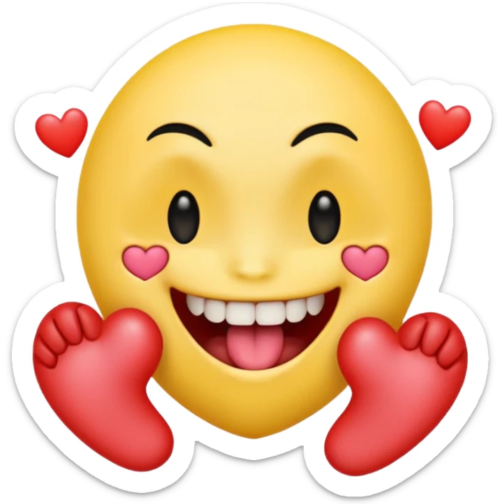 yellow emoji face holding a heart and hes so happy with so happy with teeth and tongue and toes growing out of the top of its head. his eyes have been plucked out and are now eyeless sockets. no eyes. emo hair sticker